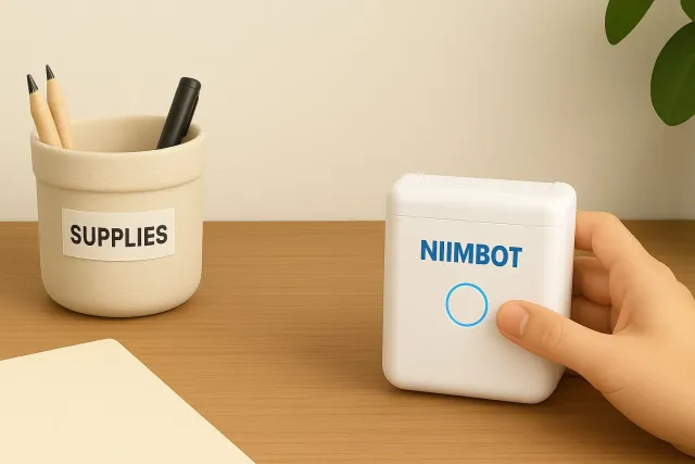Escena de oficina con mano sosteniendo impresora NIIMBOT, portalápices etiquetado 'SUPPLIES'.